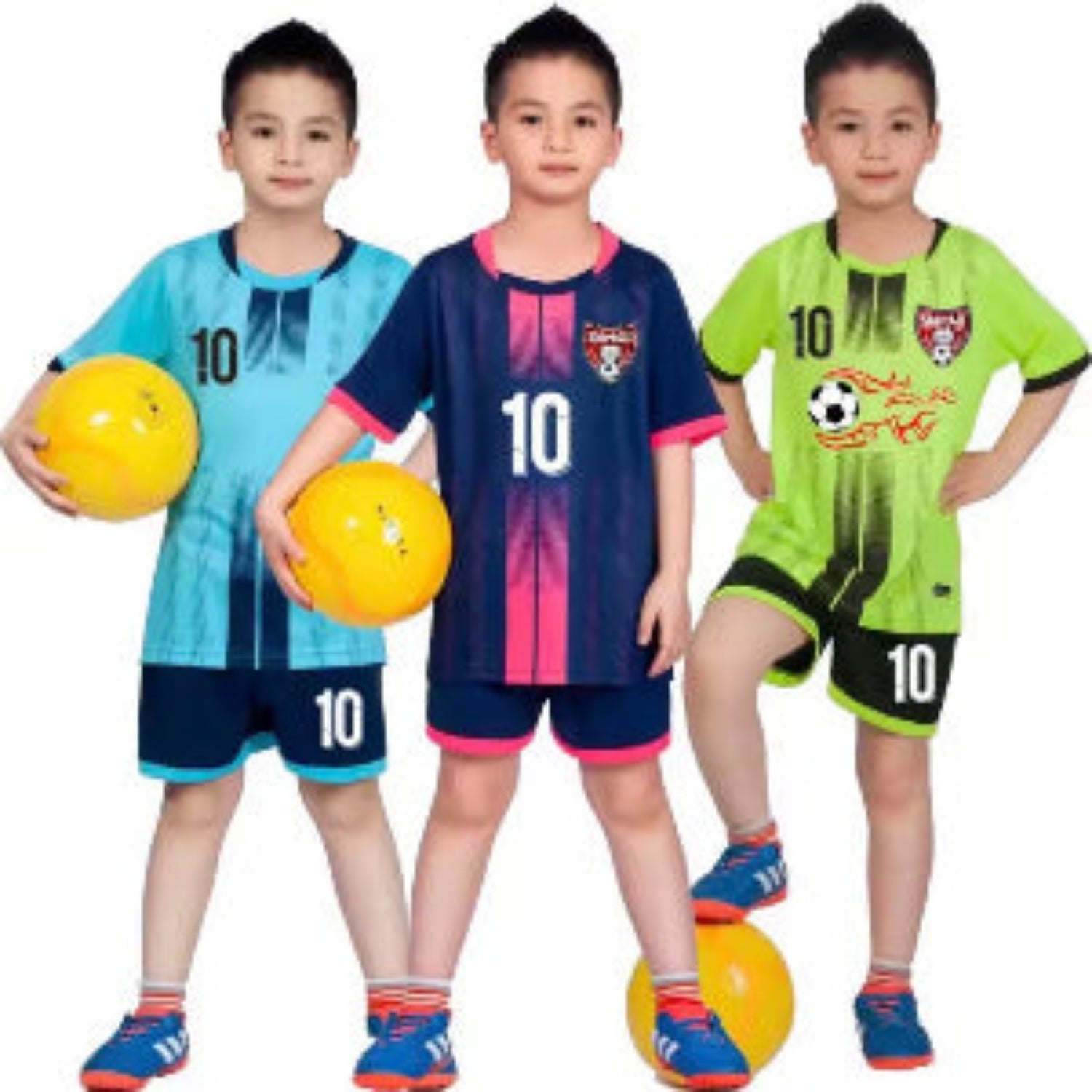 Three children wearing colorful sports jerseys with soccer balls on a white background